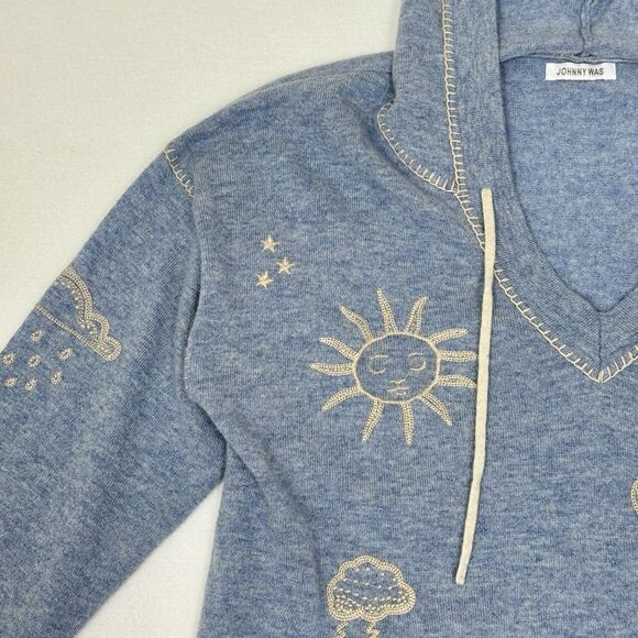 Johnny Was Sovanna Baja 100% Cashmere Embroidered Hoodie Blue Large Boho - Picture 3 of 16